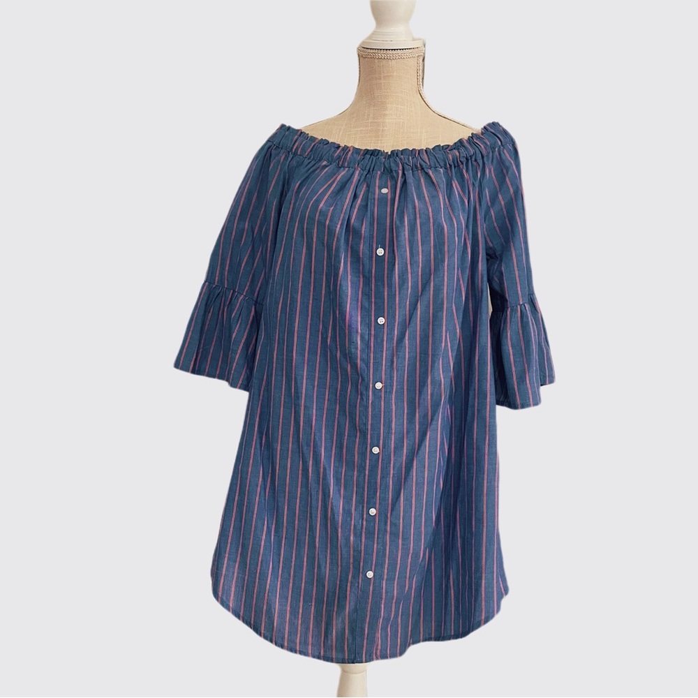 Off-the-shoulder pinstripe “buttonup” shirt dress with ruffle sleeves. S…